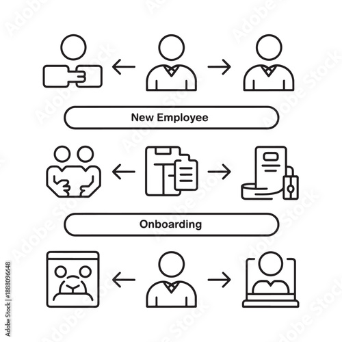A visual representation of the employee onboarding process with people and documents