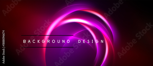 Abstract neon circles over dark gradient. Text reads background design. Vivid pinks, purples dominate composition. Modern, stylish visual.