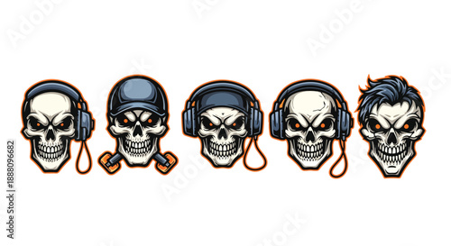 Cartoon skulls with headphones and hats on white background