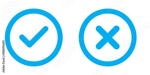 Right and wrong vector icon set rounded color black outline, flat rounded check mark, cross, x mark, circle shape thin line tick mark symbol. Approval and rejection signs isolated on white background