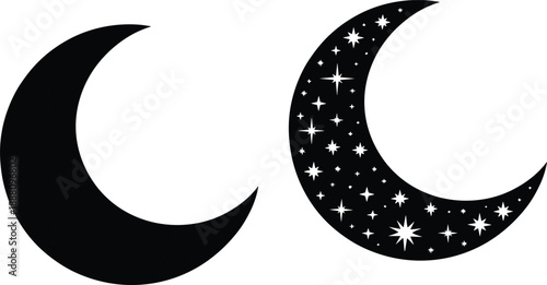 Crescent moon silhouette set with starry pattern, celestial night symbols, mystical astronomy icons, decorative cosmic design isolated background