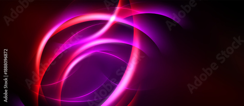 Abstract swirls, vibrant magenta, red hues dominate dark background. Dynamic energy radiates from central point. Smooth gradients create depth.