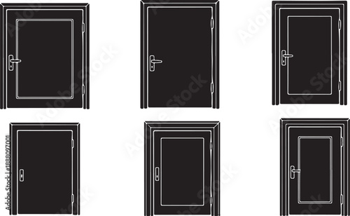 Collection of black doors with silver handles and outlines