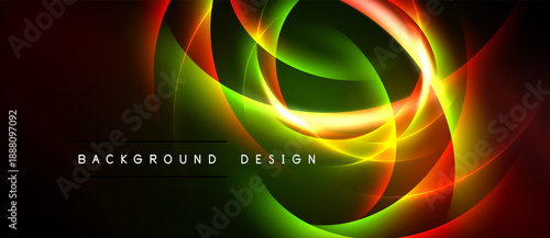 Abstract vibrant design features flowing curves, bright colors. Red, green, yellow hues blend seamlessly against dark backdrop. Modern aesthetic.