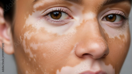 Closeup of a persons face with vitiligo skin condition