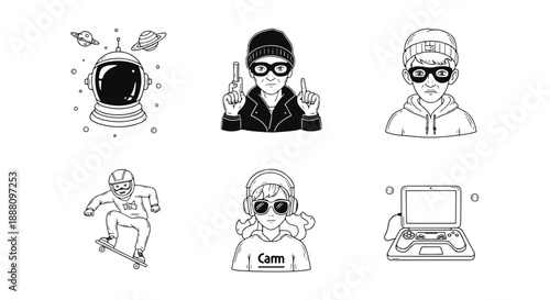 Collection of line art icons featuring people and technology in various activities one sentence