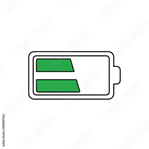 A simple line art icon of a battery with two green bars indicating partial charge on a white background.