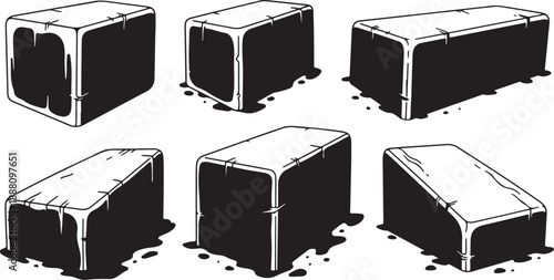 Black and white illustration of melting chocolate blocks together