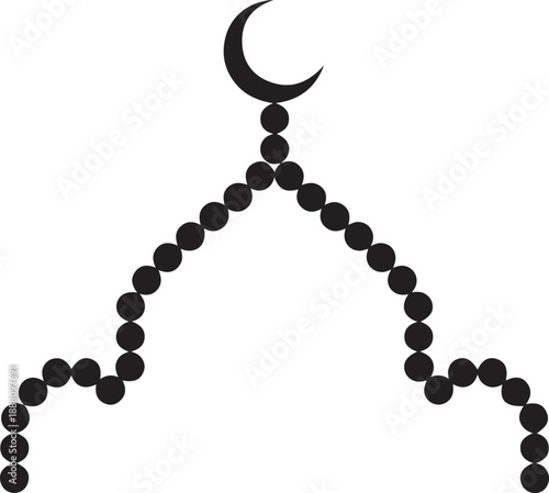 A minimalist black and white illustration of islamic prayer beads with a crescent moon Vector