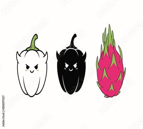 Three cartoon peppers and a dragon fruit with expressive faces displayed in a row