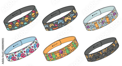 colorful cartoon bracelets with various patterns on white background