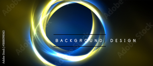 Abstract concentric circles, glowing yellow, blue hues. Dark background creates dramatic visual effect. Text reads background design.