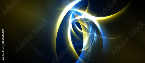 Abstract fractal design features swirling blue, yellow light. Dynamic curves create energy, depth within dark background. Vivid, modern aesthetic.