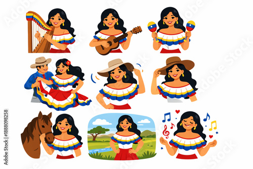 Joropo musician woman Venezuelan culture in vibrant flat style