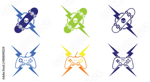 colorful gaming controller and skateboard icons with lightning bolts