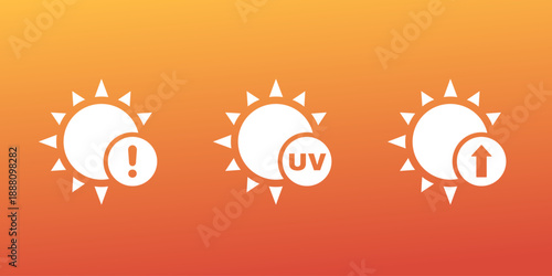 Sun warning icons, uv caution vector labels