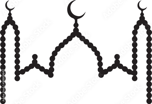 Islamic mosque silhouette crafted from prayer beads with crescent moon symbols Vector