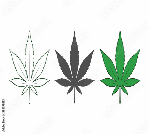 Three cannabis leaves presented in varying shades outline silhouette and vibrant green