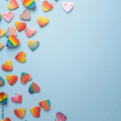 light overhead shot of rainbow heart-shaped pin badges on a pastel blue backdrop, soft light 