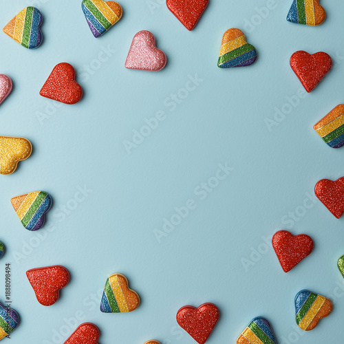 light overhead shot of rainbow heart-shaped pin badges on a pastel blue backdrop, soft light 