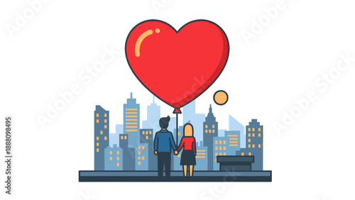 Couple standing under heart shaped balloon.