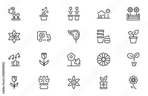 Flower Garden Line Icon Set – Blossom and Floral Linear Pictograms with Nature, Garden, Flower and Plant Symbols, Editable Stroke, Modern Vector Illustration