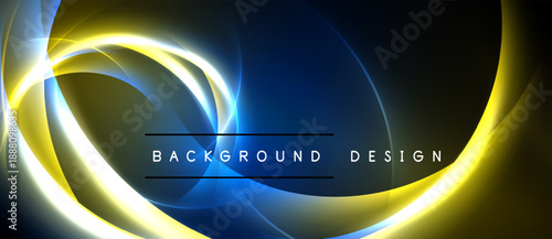 Abstract design features flowing yellow, blue lines. Dark background creates dramatic visual effect. Text reads background design.