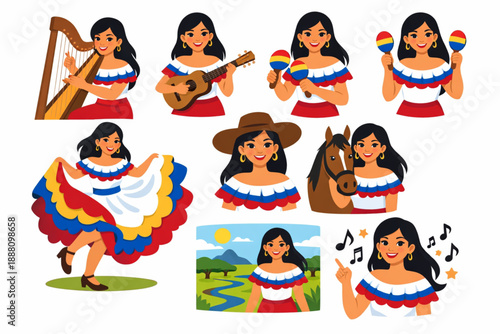 Joropo musician woman Venezuelan culture in vibrant flat style