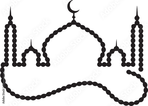 Islamic mosque silhouette crafted from traditional prayer beads with crescent moon symbol Vector