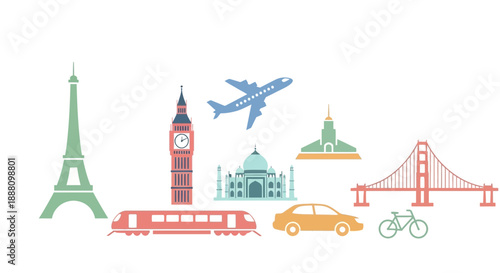 Global Travel Destinations Icons - Landmarks and Transportation