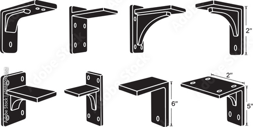 Variety of black metal shelf brackets and supports shown