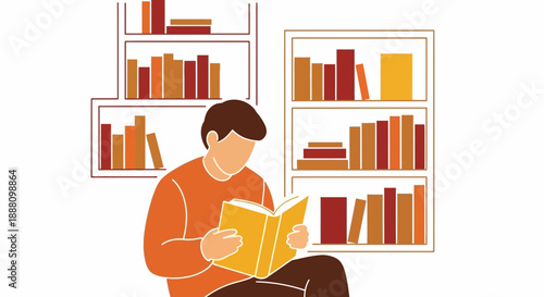 Man Reading Book Next to Bookshelves