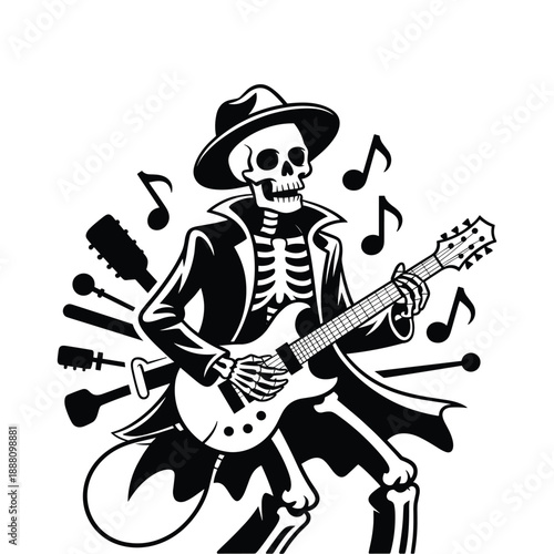 A whimsical skeleton wearing a hat and coat playing an electric guitar with musical notes floating around