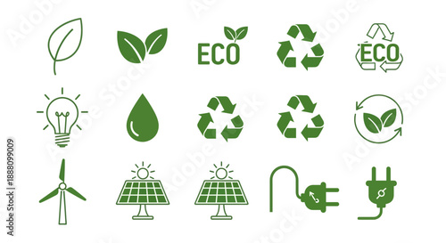 Eco-Friendly Icons: A visual collection of eco-friendly symbols, representing environmental awareness and sustainability. A harmonious assortment of icons symbolizing green living, recycling.