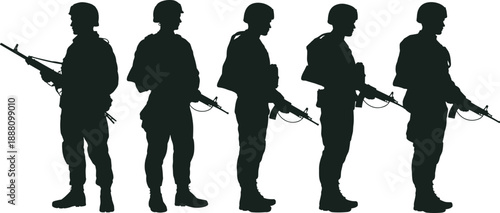 Military soldier silhouettes vector illustration, armed troops standing in line, tactical combat figures isolated on white background design