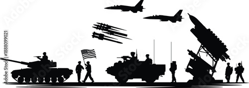 Military warfare silhouette vector illustration, soldiers tanks missiles jets and radar systems, modern army defense scene isolated background