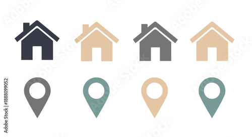 Home and Location Icons: A set of eight stylized icons. Featuring simple illustrations of houses and location markers in a minimalist design, perfect for navigation or property concepts.