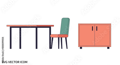 Minimalist Furniture Set Illustration: Clean lines define a modern dining table, a single chair, and a cupboard, showcasing simplicity and functionality.