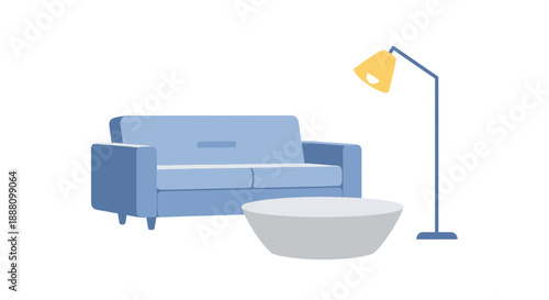 Modern Interior: A minimalist depiction of a cozy living space, featuring a comfortable sofa, a sleek coffee table, and an elegant floor lamp, inviting relaxation and modern living.