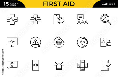 First Aid Outline Icon Set – Emergency Kit and Survival Medical Icons Collection for Evacuation and Disaster Preparedness, Editable Stroke, Modern Vector Illustration