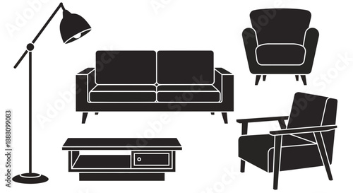 Home Decor Essentials: A sleek interior design illustration showcasing modern furniture silhouette. A floor lamp, sofa, coffee table and armchairs are included in this contemporary setting. 