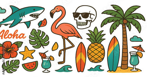 Tropical summer vector illustration set. shark, flamingo, skull, pineapple, surfboards, palm tree and more