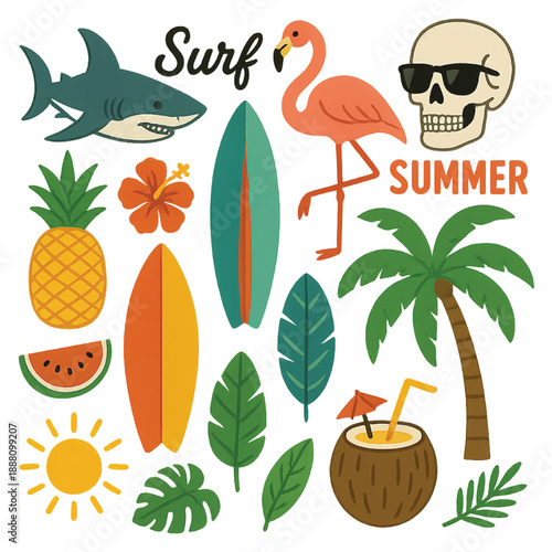 Tropical summer vector illustration set. shark, flamingo, skull, pineapple, surfboards, palm tree and more