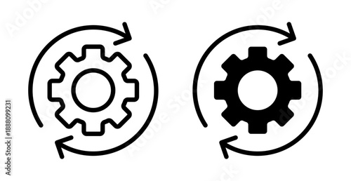 Business process and endurance icons featuring a gear with circular rotation arrows, synchronization and continuous improvement symbols for workflow automation and technical system updates
