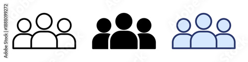 Teamwork and community icons featuring groups of three people silhouettes, set of social connection and human resources symbols