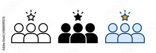 Team leadership and excellence icons featuring a group of people with a shining star above the leader, set of professional management and talent recognition symbol