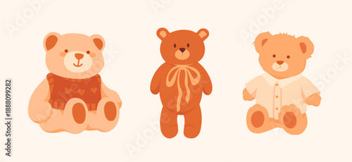 Collection of cute teddy bears wearing clothes and bows in warm pastel colours. Perfect for greeting cards, postcards, invitations, social media, stickers.