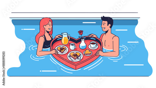 Romantic couple enjoying a heart-shaped floating dinner in the pool.