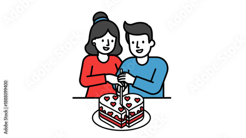 Happy couple cutting a heart shaped cake.