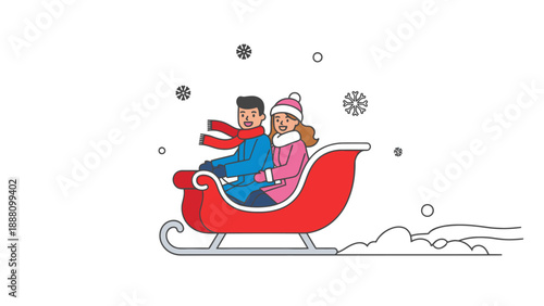 Couple riding in a red sleigh.